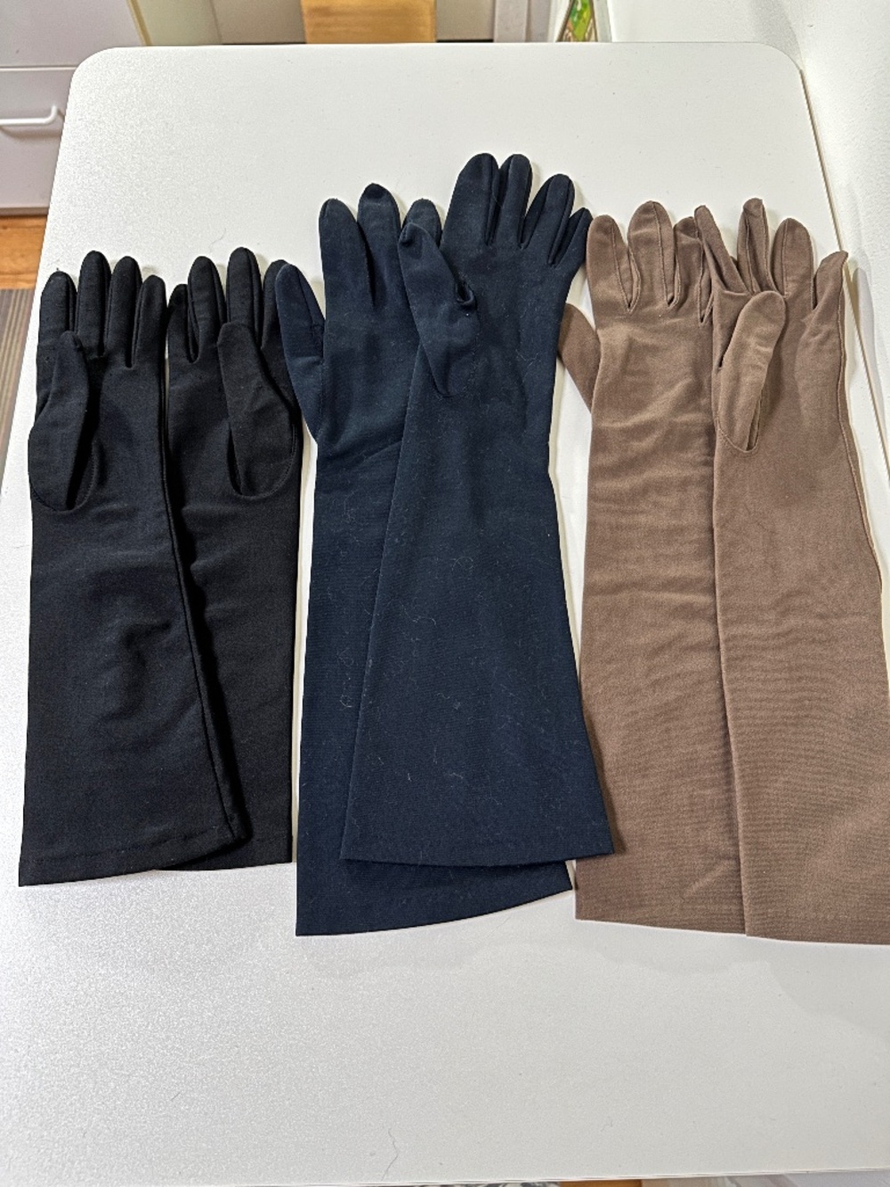 Three Pairs Vintage 1950s Gloves Long Length Size 7 Black Blue Taupe